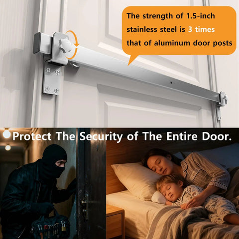 Tough As Nails 38 Inch Stainless Steel Interior Door Security Bar fits 32 to 35 inch openings, shown mounted on a door.