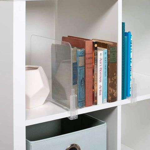 Clear Acrylic Shelf Dividers For Closets, Purse And Sweater Organizer, Flexible 4 Pack separating books on shelf