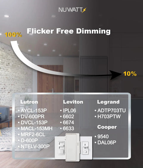 Six Pack Ultra Thin Black LED Recessed Lights With 5 CCTs, dimmer compatibility chart and flicker-free dimming feature.