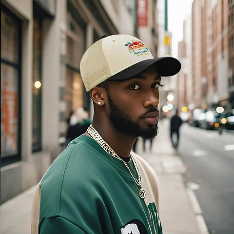 Model wearing RV Pilot Vibes Camper Road Trip Trucker Hat, off-white with black eaves, adjustable back buckle, for adventure lovers.