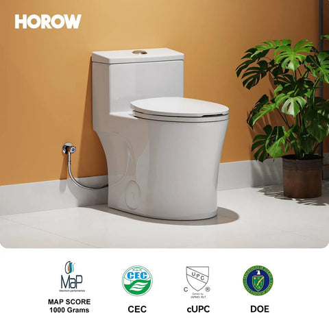 Compact One Piece Elongated Toilet With Dual Flush System And ADA Chair Height tailored for cozy bathrooms in a modern setting.