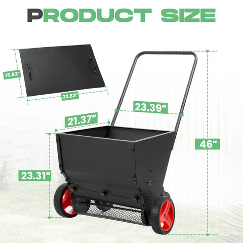 Lawn Drop Spreader With Handle Four Wheels Adjustable Rate For Fertilizer Grass Seed Compost Topdressing Landscaping Use, size measurements charted