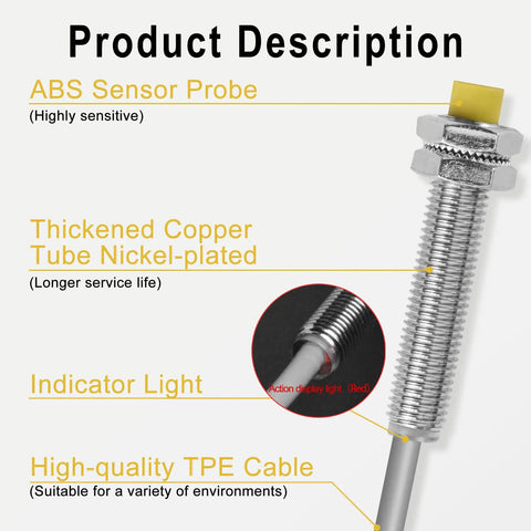 Diagram of 4mm Inductive Proximity Sensor Switch M8 with nickel-plated body, ABS probe, TPE cable, and indicator light