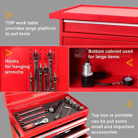 Detachable 3 Drawer Tool Chest With Large Storage Cabinet And Adjustable Shelf Heavy Duty Red Black Rollin Garage Workshop Organizer features drawers, hanging hooks, and storage.