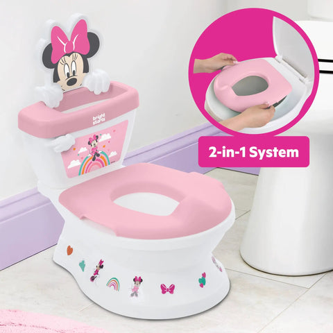 Super Sweet Disney Minnie Mouse Toddler Potty Training Toilet With Real Flush And Cheer Sounds Lickety Split Floor To Chair Transition with removable seat.