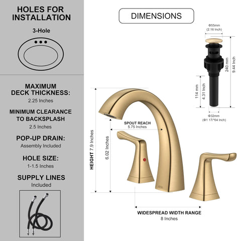 Top Notch Champagne Bronze Widespread Bathroom Faucet Three Hole Sink Tap With Dual Flow Spray Valve detailed dimensions and installation features.