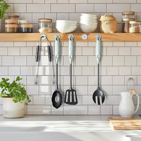 Kitchen wall with utensils hanging from six-pack 70 lbs neodymium round base cup magnets with countersunk holes.