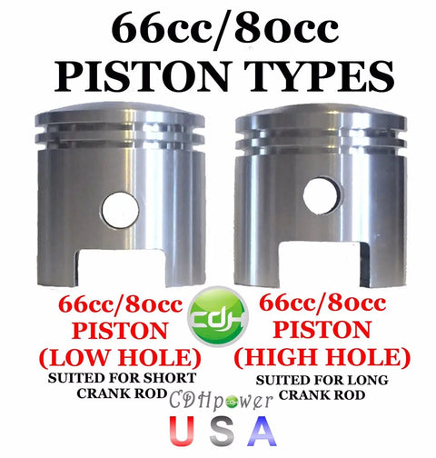 Two Stroke Gas Engine Piston Kit For 66cc And 80cc Motorized Bicycles With Longer Connecting Rod Crank Assemblies showing piston types.