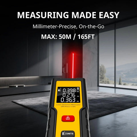 The Slick Pocket Laser Distance Meter Spanning 165 Feet With Dead Nuts Accuracy And Rapid Foot Or Metric Toggle A No Sweat Pro Grade Digital Tape Replacement displaying measurement screen and laser.