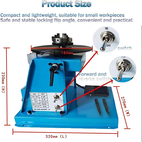 Rock Solid Rotary Welding Positioner Turntable With Slick 0 To 90 Degree Tilt Adjustment and Foot Switch Speed Control For Effortless Metal Fabrication Projects product size image showing dimensions and features.