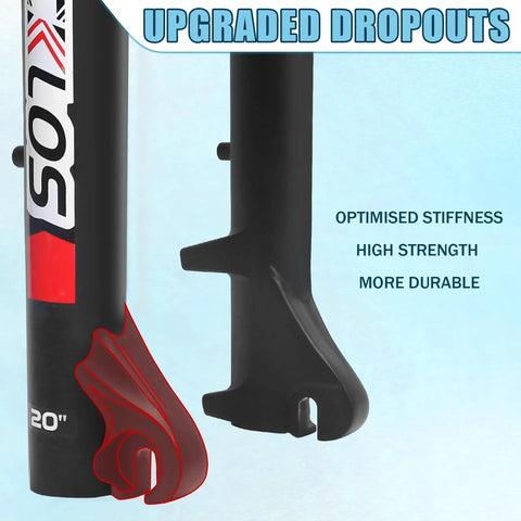 Close-up of 20 Inch Fat Tire Front Suspension Fork with upgraded dropouts for snow and beach mountain bikes