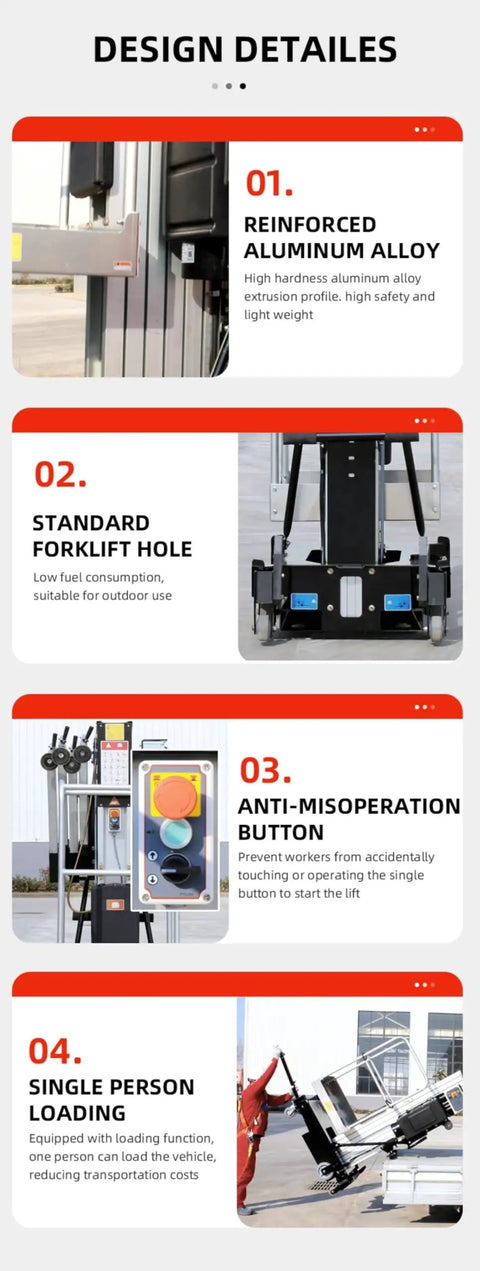 Design details of Badass Lightweight Single Mast Vertical Aluminum Lift showing reinforced alloy and anti-misoperation button.