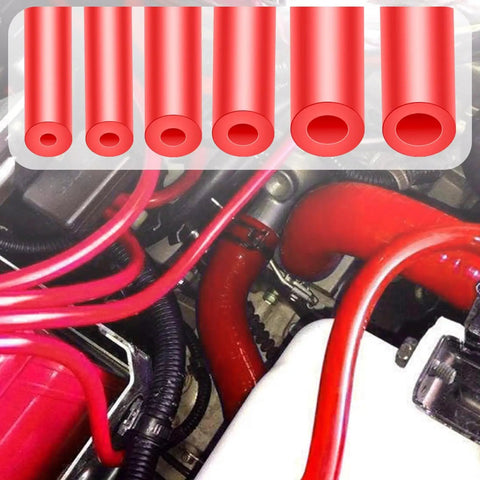 Dope Red Silicone Vacuum Hose Kit With Color Matched Connectors shown in engine bay with 6 size tubing, 128 pieces, 130 PSI.