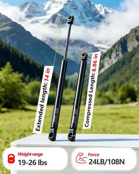 Gas Struts For Truck Cap Toolbox Camper Shell Rear Window Pickup Topper Door Swap C16 06389 14 Inch 24 Lb Lift Supports displayed outdoors.