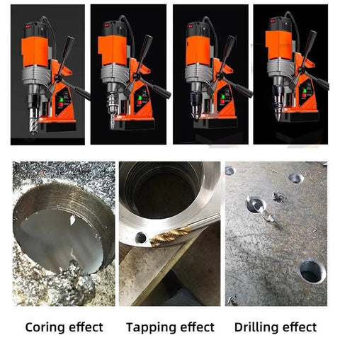 Beast Mode Heavy Duty Magnetic Drill Press for Metalwork and Construction, showcasing coring, tapping, and drilling effects.