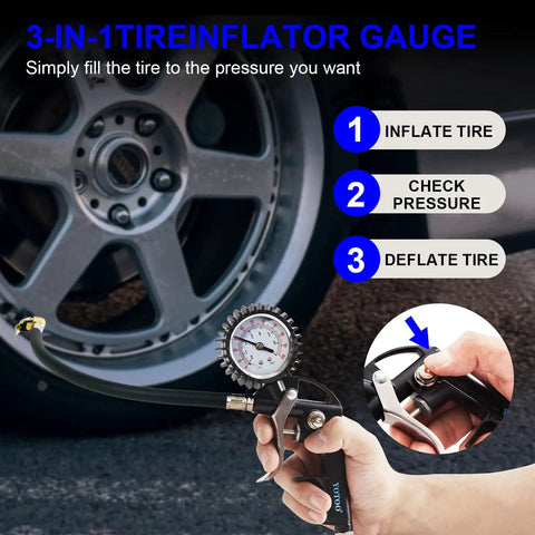 Heavy Duty 20-Piece Air Tool Kit with tire inflator gauge up to 100 PSI in use for auto garage inflation, showing die-cast aluminum