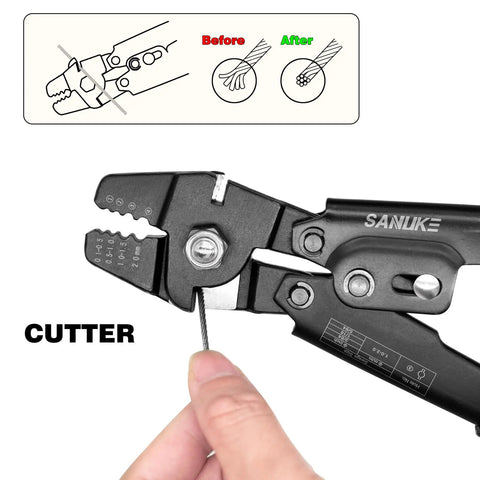 Heavy Duty Wire Rope Crimping Tool Kit for 3/64, 1/16 and 5/64 inch aluminum loop sleeves shown in use.