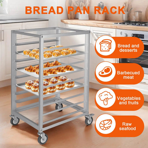 Heavy Duty 9 Tier Commercial Cooling Rack With Smooth Roll Locking Casters, Solid Aluminum Build, Space Saving Bakery Sheet Pan Holder, Sick Storage Cart For Any Bustling Kitchen Crew with baked goods on display.