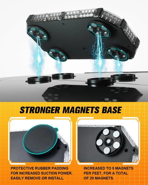 Heavy Duty 56 Led Amber White Rooftop Beacon Strobe Light Bar For Trucks And Work Vehicles Pro Grade showing strong magnetic base with rubber padding.