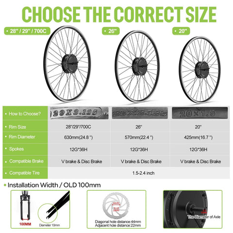 Front Hub Electric Bike Conversion Kit 48V 500W For 26 Inch And 700C Wheels With LCD Display Four Riding Modes size guide