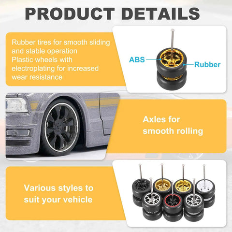 Two Pack 1 By 64 Scale Wheels And Tires With Real Riders Rims And Axles For RC Diecast Cars And DIY Models product details.