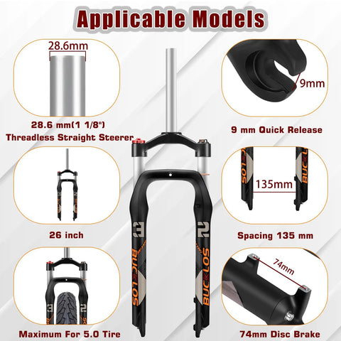 Fat Tire MTB Front Suspension Fork 26 Inch, 100mm Travel, 135mm Spacing, 9mm QR, 1 1/8 Straight Steerer, diagram details