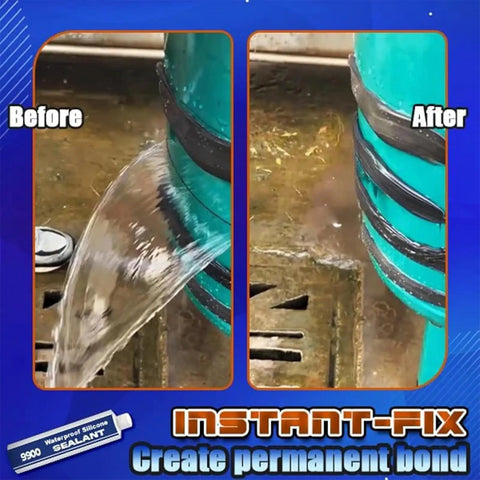 Heavy Duty Waterproof Sealant And Bonding Adhesive Featuring Tough As Nails Polymer Technology sealing a leak before and after.