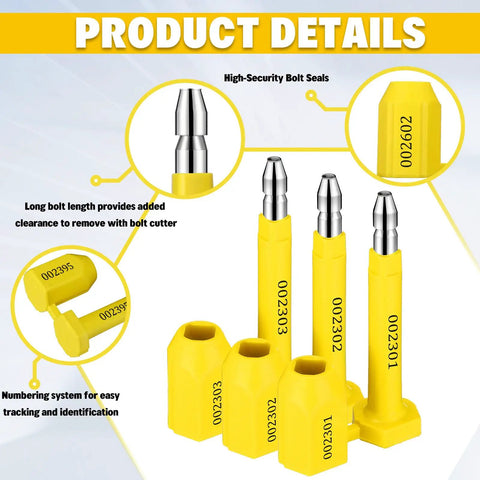 Heavy Duty Bolt Seals Yellow Bulk 100 Pack Built Tough Cargo Container Shipping Tamper Evident Locks With Numbered Sequence showing various bolt seals with clear numbering.