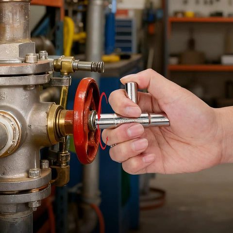 Person using 4 Way Sillcock Water Key, All In One Steel Tool For Sillcocks Faucets Valves And Spigots, adjusting valve in workshop