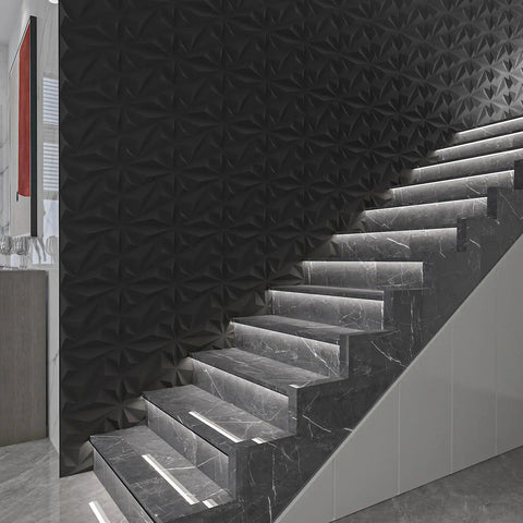 33 Pack Dope 3D Diamond Wall Panels For Interior Decor With PVC Flower Texture Easy DIY Accent Wall Panels For Living Room Lobby Bedroom Hotel And Office Black 12x12 Inches Covering 32 Sq Ft next to modern staircase