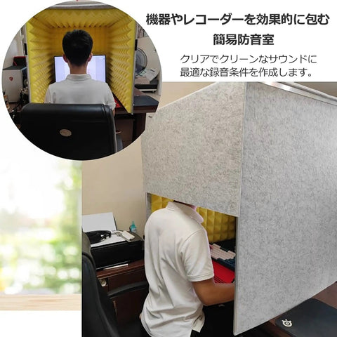 Portable Desktop Microphone Isolation Shield Featuring Dense Acoustic Foam Panels For Dead Silent Room Treatment And Tight Noise Dampening That Makes Your Podcast Vocals Sound Sick Straight Up with user seated at computer.