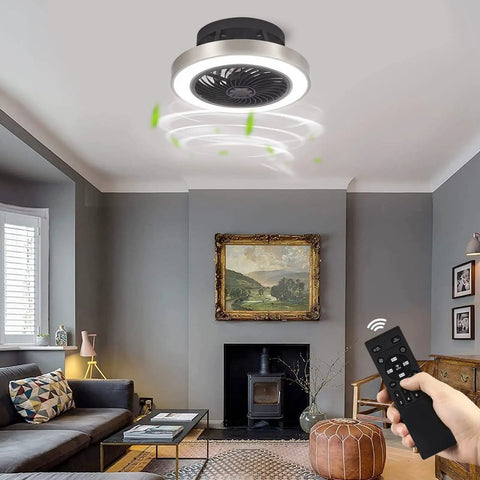 Enclosed 16 Inch Flush Mount Ceiling Fan With Lights, Low Profile Dope Black And Brushed Nickel Finish in cozy living room