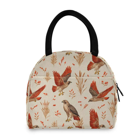 Front view of insulated lunch tote bag with 7 liter capacity for work travel and outdoor eats, red-tailed hawks theme, durable 300D Oxford.