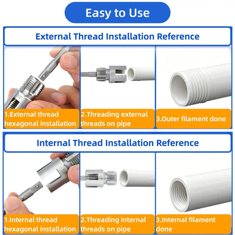 Diagram showing Heavy Duty Dual Function PVC Pipe Threader Kit For One Half, Three Quarter, And One Inch Pipes Internal And External Threading Tool Set Carbon Steel Pro Grade Long Lasting Sharp Three Piece in use for internal and external threading on PVC pipes.