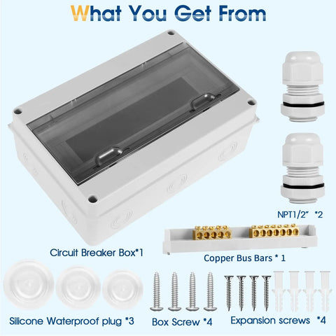Beefy Waterproof Distribution Protection Box For Indoor Outdoor Wall Circuit Breakers, Rugged ABS Plastic Enclosure With Clear Cover, IP65 Weatherproof Electrical Box For 15 Way HT 15WAY Systems. White ABS box with clear cover and included fittings