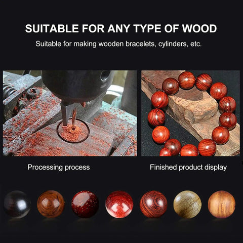 Bracelet Maker Drill Bit Set For Woodworking And Bead Jewelry, milling wood, and finished wooden bead bracelet display.