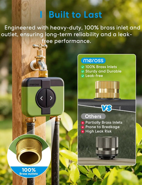 WiFi Hose Timer For Garden With 2 Zone Control, Brass Inlet And Outlet, Sprinkler Controller With Rain Delay, Smart Water Valve For Lawn And Yard, Weatherproof IP66, No Leaks, Hub Required shown attached to hose with brass fittings highlighting durability and leak-free performance