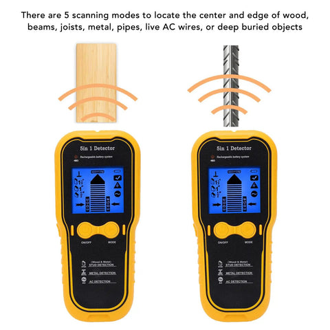 AUNMAS ABS Construction Handheld Stud Finder Wall Scanner with LCD Display showing 5 scanning modes on a touchscreen.