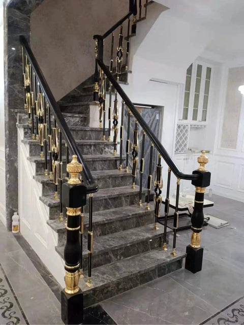 Rock Solid Modern Square Metal Balusters For Glass Railing With No Stress Floor Mount Brackets Heavy Duty Aluminum Spindles Complete Deck Stairway Guardrail Kit Top Shelf Modern Design featuring elegant black and gold design.