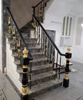 Built Tough Glass Balustrade Railing Posts And Metal Staircase Balusters With Face Mount Brackets And 270 Pivot Adjustment Premium Aluminum Guardrail Kit Arrives With Tough Connectors For Decks Patios And Stairs In Matte Black Or Gold Finish on a luxurious staircase.