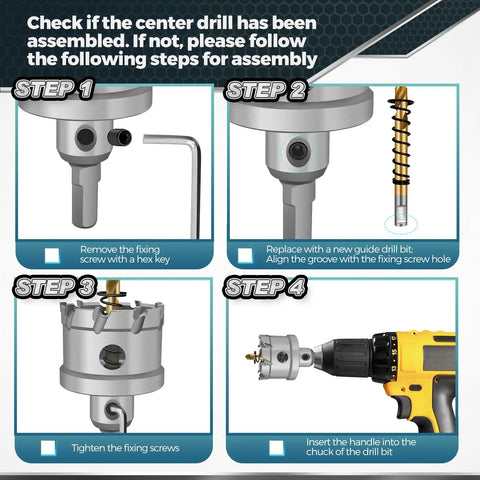 Instruction steps for using Ultimate Pro Grade 14-Piece TCT Carbide Hole Saw Kit For Hard Metal with hex keys and drill bit.