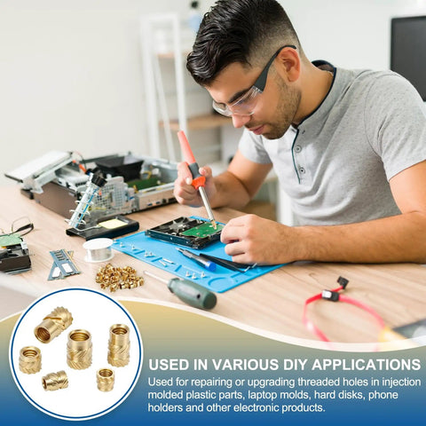 Man using soldering iron with 100 Pcs Heat Set Threaded Inserts With Soldering Iron Tip Press Tool M3 x 3mm Height By 5mm Outer Diameter Brass Knurled Nuts For 3D Printing Plastic Parts