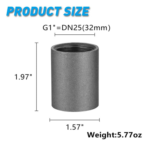 One Inch Internal Thread Pipe Coupling In Malleable Iron For DIY Plumbing Decor And Furniture Projects with dimensions and weight