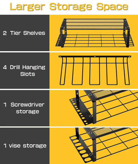 Heavy Duty Wall Mounted Power Tool Organizer 3 Tier Storage Rack For Cordless Drill Tools Strong Wire Mesh Top And Iron Support Space Saving Vertical Organizer Perfect Gift For Dad 2 Pack, featuring shelves and slots for drills and tools.