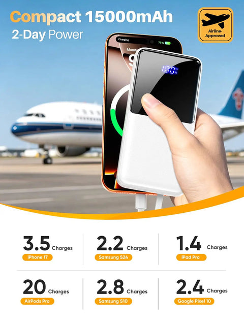 Portable Charger Power Bank With Built In Cable 15000mAh 22.5W Fast Charging held in hand near airplane