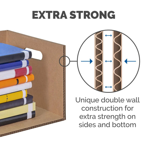 Ten Pack Of Medium Moving Boxes Built Tough With Reinforced Handles No Tape Assembly Required Easy To Pack And Stack Comes With Labeling Spots And Lift Off Lids For Quick Access Perfect For Any Big Move showing extra strong double wall construction details.