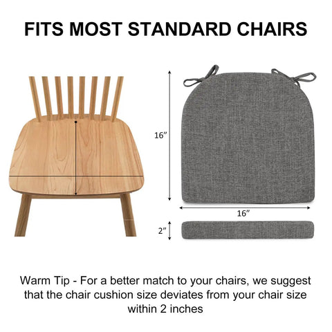 Size guide for Six Pack Dining Chair Cushions With Ties And Non Slip Backing, 16x16x2 Inches, Dark Gray on wooden chair.