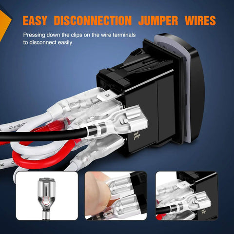 Momentary Laser 7 Pin DPDT Rocker Switch Kit for heavy duty winch wiring with jumper wires shown in close-up connection.