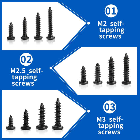 1300 Pcs Wood Screws Assortment Kit M2 M2.5 M3 Self Tapping Phillips Pan Head Screws Black for Wood and Plastic Projects