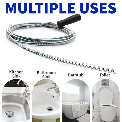Wipe Out Stubborn Hair Clogs Fast With This Flexible Metal Drain Snake 10 Foot Auger shown for multiple uses in sinks and toilets.